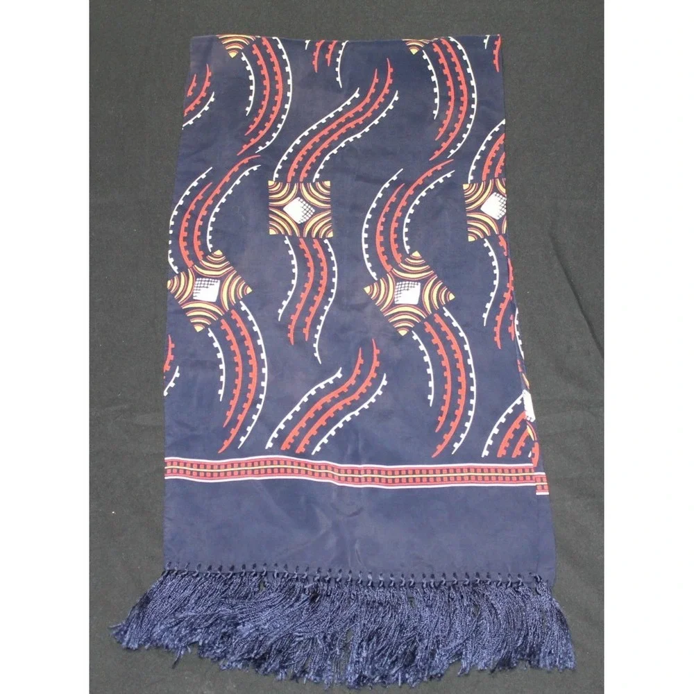 Vintage Rayon Fringe Scarf Navy Blue Red Geometric Abstract Pattern 12x48